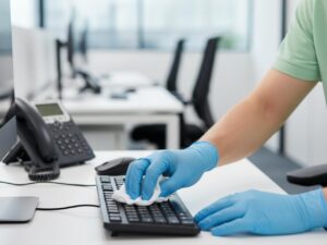 person in blue gloves cleaning an office keyboard with a wipe for janitorial service in vancouver. a desk phone and blurred office chairs are in the background, suggesting tidiness.