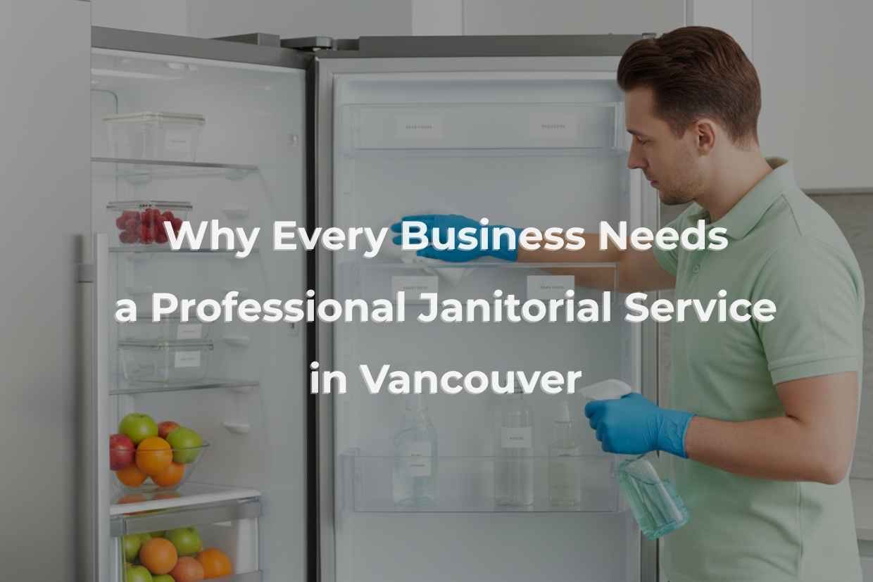 a man in a light green shirt and blue gloves cleans a refrigerator with a spray bottle and cloth. fresh fruit is visible inside, creating a tidy, organized look.