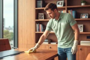 man in a green polo and gloves cleaning a wooden desk with a cloth in a modern office, surrounded by shelves of books and photos, conveying tidiness.
