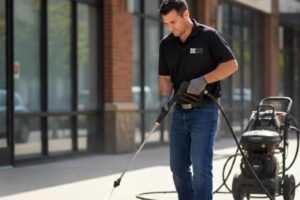 man pressure washing a sidewalk in front of a building. he's focused, wearing a black shirt and jeans, with a machine in the background. clean, diligent tone for pressure washing services in vancouver