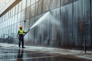 a worker in a safety vest and helmet power washes a large glass building, removing dirt. reflections and clean streaks suggest efficiency and focus.
