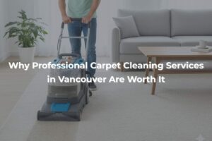 a person using a carpet cleaner on a light carpet in a modern, bright living room. a gray couch and a wooden table add to the clean, organized ambiance.