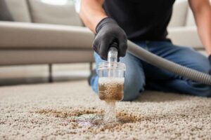a person wearing gloves kneels while using a carpet cleaning device to extract dirty water from a beige carpet. the scene conveys cleanliness and efficiency