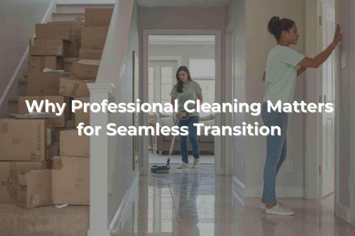 two people are in a hallway with packed boxes on the stairs. one sweeps the floor while the other checks a wall, conveying a sense of moving in and cleaning.