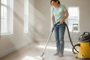 woman in a light-filled room actively vacuuming the wooden floor with a yellow vacuum cleaner. the scene conveys cleanliness and efficiency for post construction clean up cost.