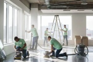 workers in green shirts are cleaning and polishing floors in a bright, empty room. a ladder and cleaning equipment are visible. the atmosphere is focused and industrious.