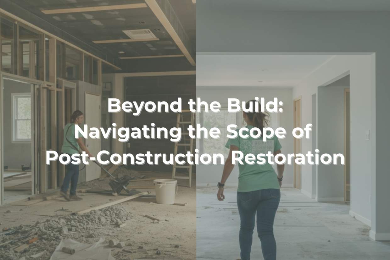 a photo split in two showing home renovation progress; left side, a woman works in a construction area, right side, she walks through a finished room.
