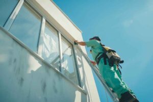 a worker in a green uniform and cap stands on a ladder, cleaning a large window on a white building under a clear blue sky for window cleaning solution