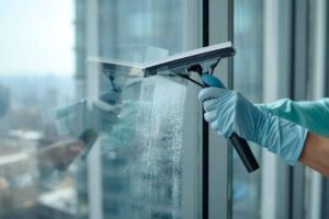 gloved hands holding a squeegee clean a large glass window, with soap suds visible. a cityscape is blurred in the background, conveying professionalism.]