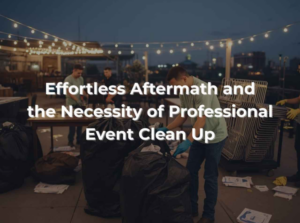 Young men clean up a rooftop at dusk, bagging trash. String lights create a cozy ambiance, while folded chairs suggest a finished event.