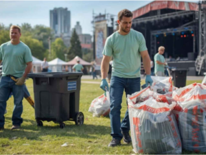 Two men in light blue shirts and gloves clean a park after an outdoor event, placing trash into large bins. A stage and tents are visible in the background.