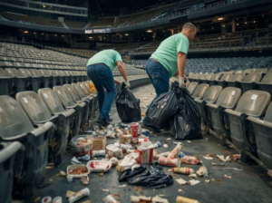 Two workers in green shirts pick up trash in a stadium, surrounded by empty seats. Litter includes cups and boxes, suggesting post-event cleanup.