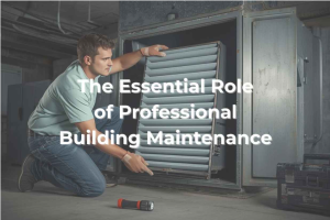 A technician in a pastel green shirt and jeans inspects an air filter in a large industrial unit. A flashlight and toolbox are nearby on the floor, conveying focus and diligence.