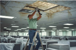 A man in a green shirt on a ladder repairs stained ceiling tiles in a dimly lit office. Rows of covered cubicles create a sense of industrial upkeep