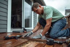 a person in safety glasses and gloves kneels on a wooden deck, carefully installing a board. tools and a home interior are visible in the background.