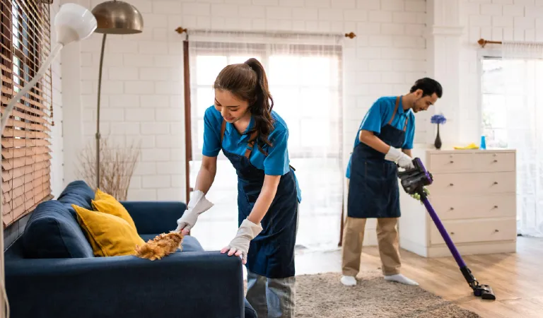 Professional local cleaners using modern cleaning equipment