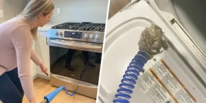 Extreme lint accumulation clogging a wall pipe—a prime example of dangerous Dryer Vent Cleaning Mistakes to avoid