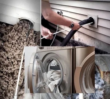 A visual guide of a clogged exhaust line and dryer machines illustrating typical Dryer Vent Cleaning Mistakes