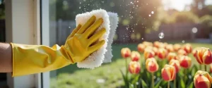 Homeowner using spray cleaner and cloth to dust furniture next to indoor houseplants during routine Spring Cleaning