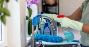 Woman cleaning home interior surfaces with eco-friendly spray near sunny window sills as part of seasonal Spring Cleaning