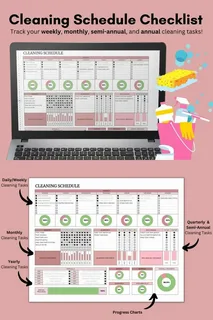 Digital and printable Cleaning Schedule Checklist template displayed on a laptop screen for organizing home chores with an Efficient Cleaning Schedule