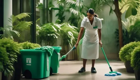 Professional cleaning staff using eco-friendly cleaning practices and green equipment in an office space surrounded by lush indoor plants.